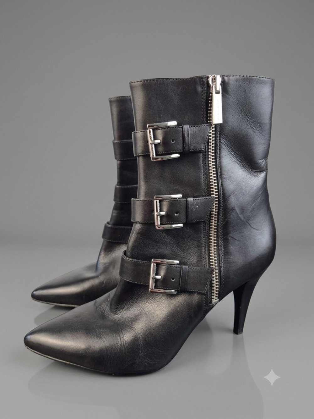 Michael Kors Black Leather Pointed-Toe Mid-Calf Heeled Buckle Boots